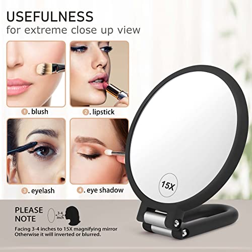 Magnifying Handheld Mirror Double Sided, 1X 15X Magnification Hand Mirror, Travel Folding Held Adjustable Rotation Pedestal Makeup Desk Vanity