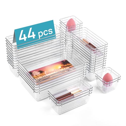 44 PCS Clear Plastic Drawer Organizers Set, 4-Size Versatile Bathroom & Vanity Organizer Trays - Non-Slip Storage Containers for Makeup