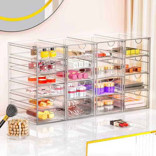 Acrylic Makeup Organizer with 19 Drawers, 4 Pack Clear Storage Drawers, Bathroom Makeup Organizer for Palettes, Cosmetic, and Beauty Supplies,Ideal for Vanity, Cabinet,Desk Organization