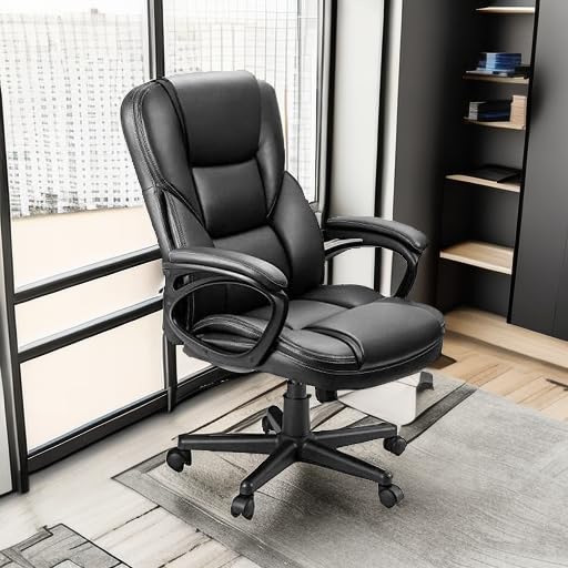 Office Executive Chair High Back Adjustable Managerial Home Desk Chair, Swivel Computer PU Leather Chair with Lumbar Support (Black)