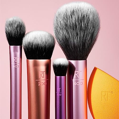 5 Piece Everyday Essentials Makeup Brush Set, Includes 4 Brushes & Makeup Sponge, For Foundation, Blush, Bronzer, Contour, Eyeshadow, & Powder, Travel Gift Set, Cruelty-Free & Vegan