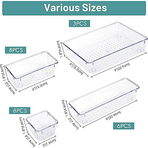 25 PCS Clear Plastic Drawer Organizer Set, 4 Sizes Desk Drawer Divider Organizers and Storage Bins for Makeup, Jewelry, Kitchen