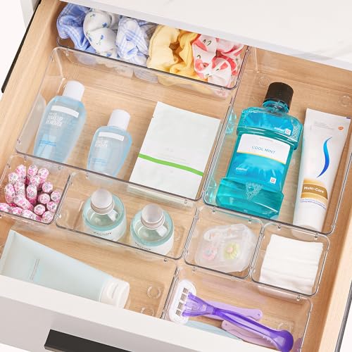 44 PCS Clear Plastic Drawer Organizers Set, 4-Size Versatile Bathroom & Vanity Organizer Trays - Non-Slip Storage Containers for Makeup