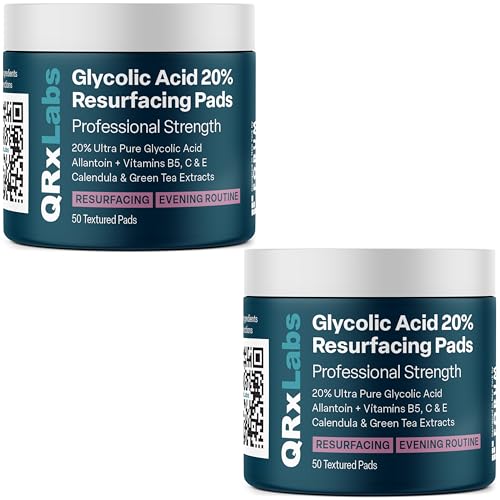 QRxLabs Glycolic Acid 20% Resurfacing Pads for Face & Body with Vitamins B5, C & E, Green Tea, Calendula, Allantoin - Exfoliates Surface Skin and Reduces Fine Lines and Wrinkles - Peel Pads