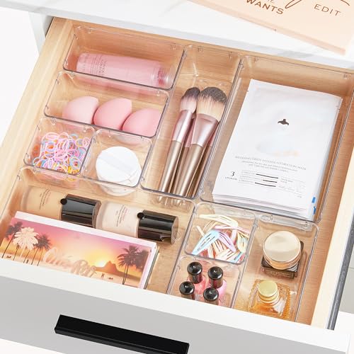 44 PCS Clear Plastic Drawer Organizers Set, 4-Size Versatile Bathroom & Vanity Organizer Trays - Non-Slip Storage Containers for Makeup