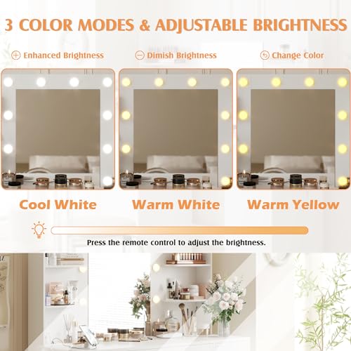 Vanity Desk with Mirror, Power Outlet and 10 Lights, Makeup Table with 7 Drawers, 3 Color Modes Available for Bedroom, White