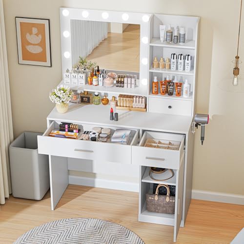 Vanity Desk with Adjustable Lighten Mirror & Power Outlet, Makeup Desk for Bedroom with a Storage Stool and 3 Drawers, 4 Storage Shelves, White Dresser for Girls