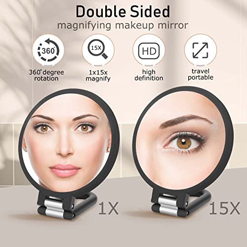 Magnifying Handheld Mirror Double Sided, 1X 15X Magnification Hand Mirror, Travel Folding Held Adjustable Rotation Pedestal Makeup Desk Vanity