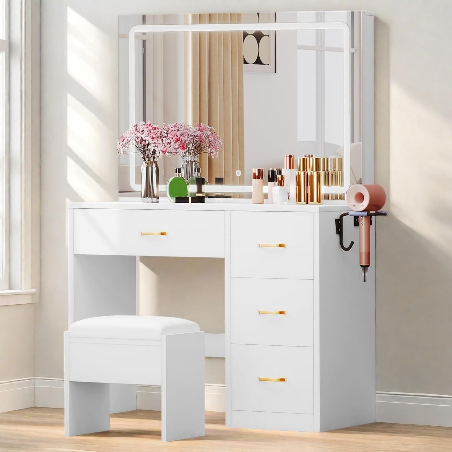 Makeup Vanity with Large LED Lighted Mirror, Vanity Desk with 4 Drawers & Power Outlet, Dressing Table with 3 Lighting Colors, Dressing Table with Cushioned Stool, Ivory White