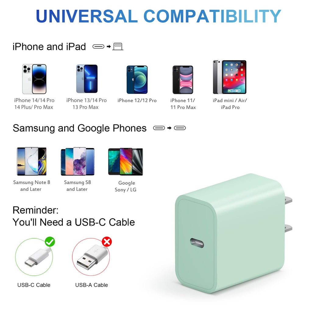 iPhone Charger Fast Charging USB C Charger Block Type C Charger iPad Charger with 6FT C Chargers Cord Compatible with iPhone14/14 Pro Max/13/13Pro/12/12 Pro/11,iPad(Green)