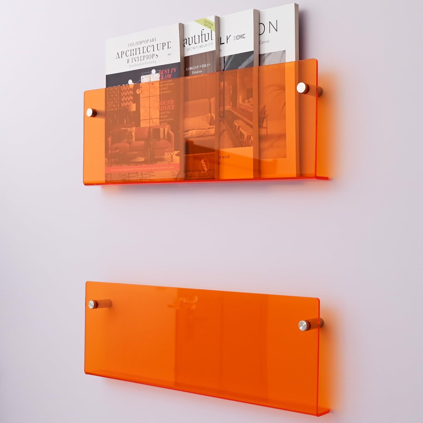 2 Pack Orange Acrylic Magazine Holder, Wall Mount Hanging Bookshelf Literature Storage Rack, Brochure File Display Shelf for Waiting Room, Living Room, Office, Home