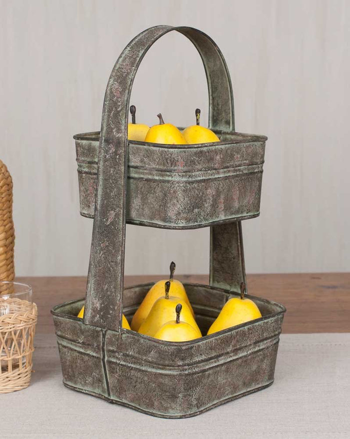 Two Tier Square Tote Metal Fruit Bowl Kitchen Supplies, 7.5" x 7.5" x 13.5", Gray