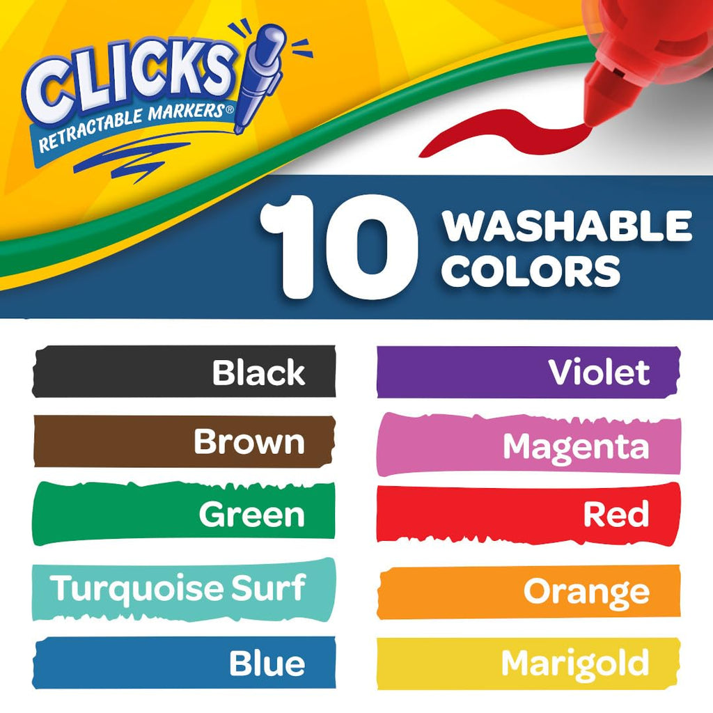 Crayola Clicks Retractable Tip Markers (10ct), Easter Basket Essentials, Cone Tip, Washable Art Marker Set for Kids, Long Lasting Coloring Supplies, 3+