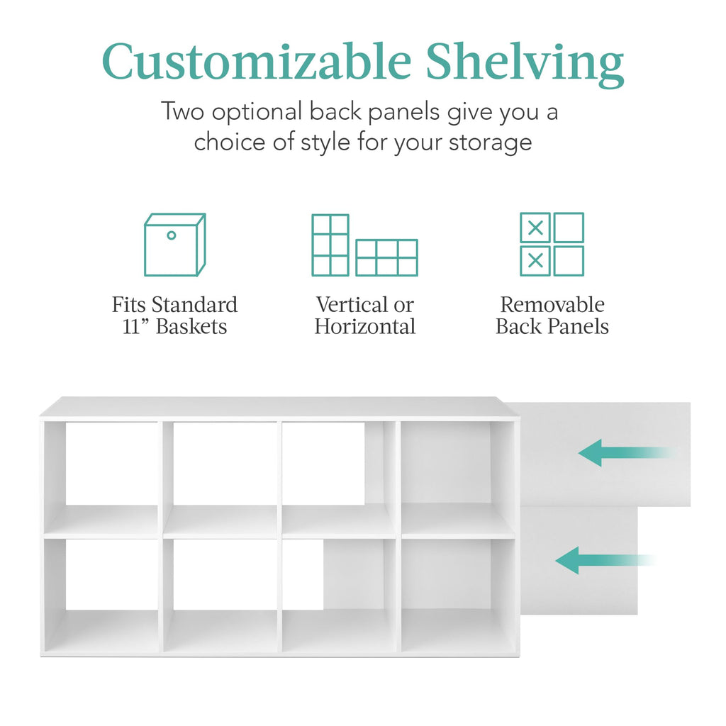 8-Cube Storage Organizer, 11in Shelf Opening, Bookcase, Display Shelf, Customizable w/ 3 Removable Back Panels – White