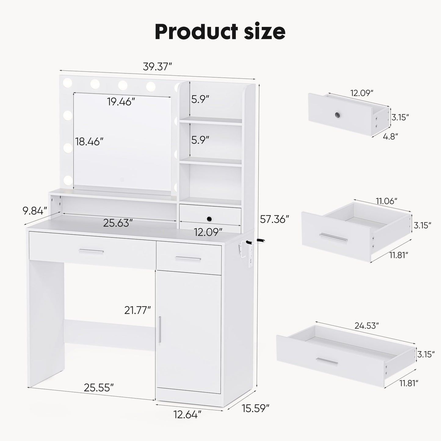 Vanity Desk with Adjustable Lighten Mirror & Power Outlet, Makeup Desk for Bedroom with a Storage Stool and 3 Drawers, 4 Storage Shelves, White Dresser for Girls