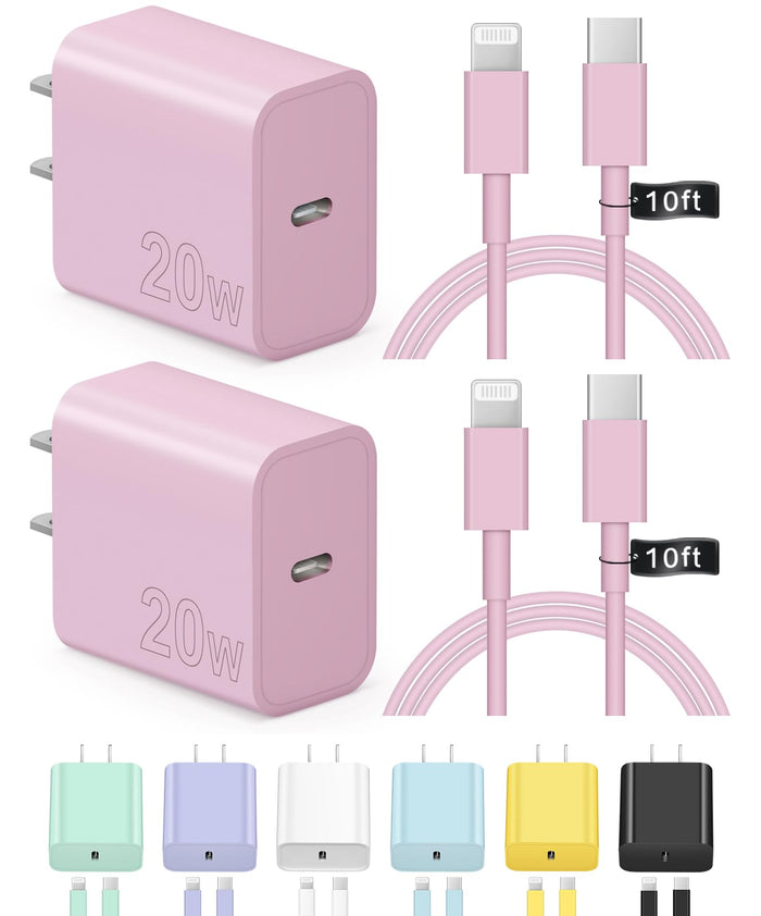 iPhone Charger Fast Charging 10FT 20W USB C Charger Block Super Fast Charger Cable Compatible with iPhone14/14 Pro Max/13/13Pro/12/12 Pro/11,iPad(Pink