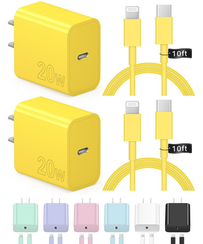 iPhone Charger Fast Charging 10FT 20W USB C Charger Block Super Fast Charger Cable Compatible with iPhone14/14 Pro Max/13/13Pro/12/12 Pro/11,iPad(Yellow