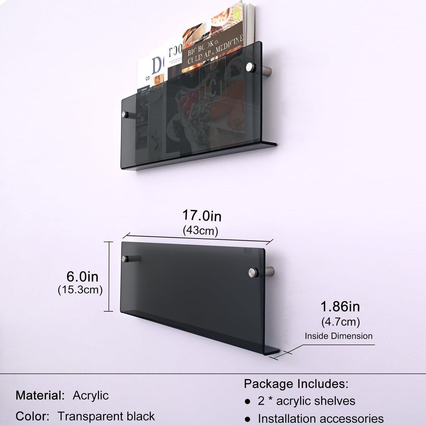 2 Pcs Acrylic Magazine Rack, 17" Black Record Holder, Hanging Bookshelf Literature Storage Rack for Waiting Room, Office, Home Display