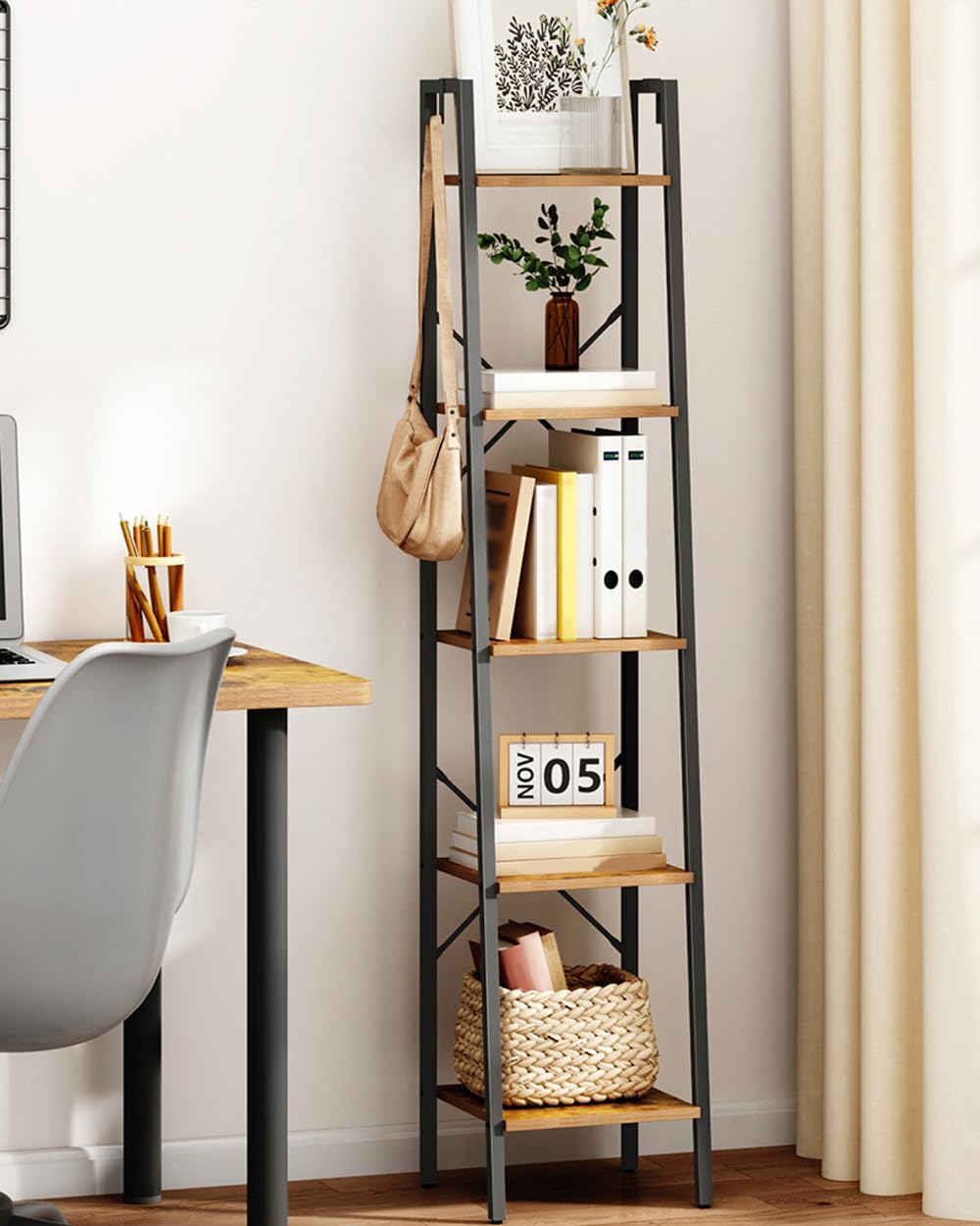 Ladder Shelf, Bookshelf Bookcase, Freestanding Corner Storage Shelve with 2 Hooks for Home Office, Living Room, Kitchen, Bedroom, Industrial, 5-Tier Rustic Brown BC03201B