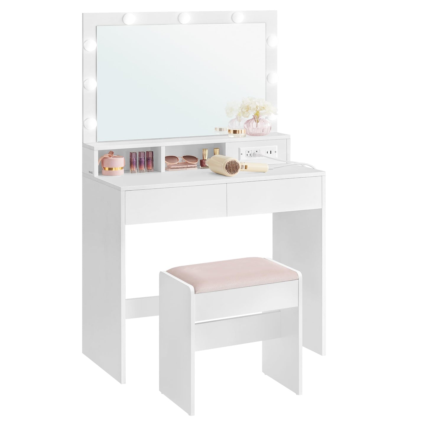 Vanity Desk with Power Outlets, Makeup Vanity with Mirror and Lights, with Upholstered Vanity Stool, 9 Dimmable LED Lights, 2 Compartments, 2 Drawers, for Bedroom, Cloud White URDT029W01