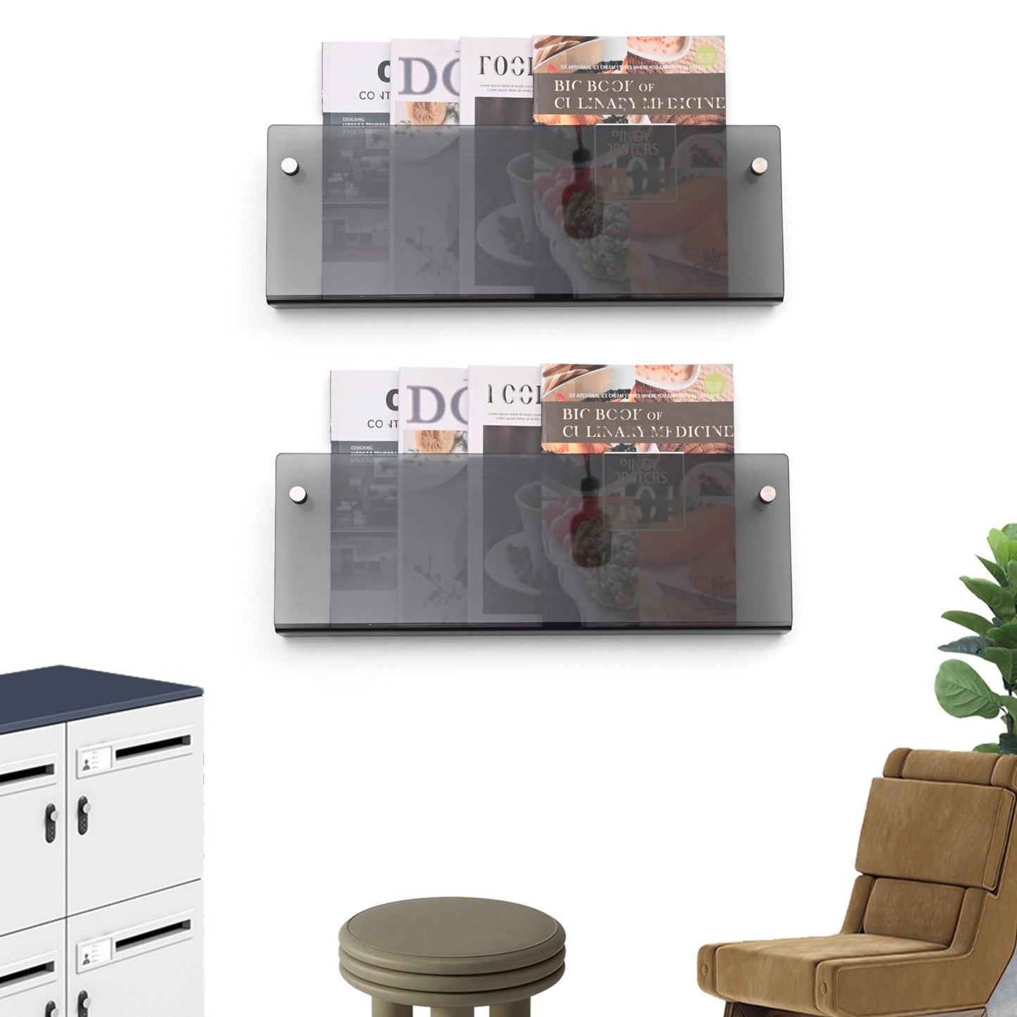 2 Pcs Acrylic Magazine Rack, 17" Black Record Holder, Hanging Bookshelf Literature Storage Rack for Waiting Room, Office, Home Display