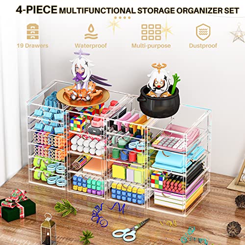 Acrylic Makeup Organizer with 19 Drawers, 4 Pack Clear Storage Drawers, Bathroom Makeup Organizer for Palettes, Cosmetic, and Beauty Supplies,Ideal for Vanity, Cabinet,Desk Organization