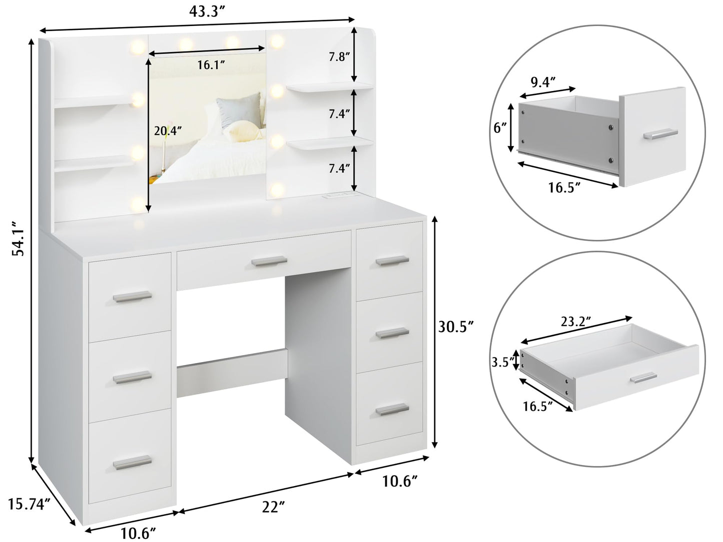 Vanity Desk with Mirror, Power Outlet and 10 Lights, Makeup Table with 7 Drawers, 3 Color Modes Available for Bedroom, White
