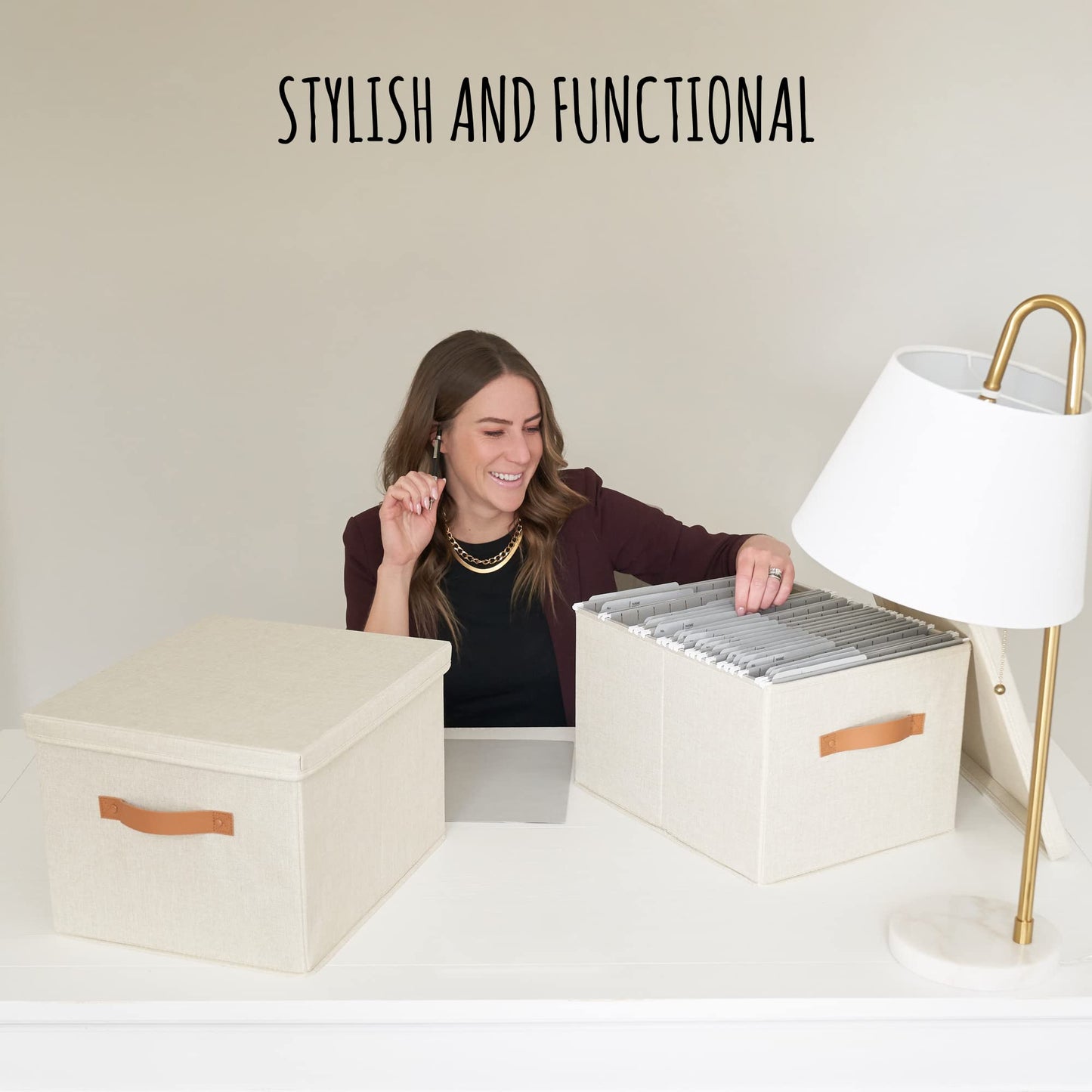 Decorative File Organizer Box Set of 2 - Collapsible Linen Filing Cabinets w/Handles Are Perfect to Store all Your Documents & Hanging File Folders - Portable Easy Slide Crates with Lid