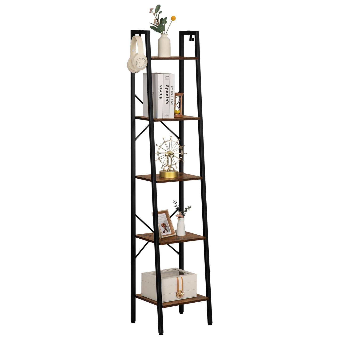 Ladder Shelf, Bookshelf Bookcase, Freestanding Corner Storage Shelve with 2 Hooks for Home Office, Living Room, Kitchen, Bedroom, Industrial, 5-Tier Rustic Brown BC03201B