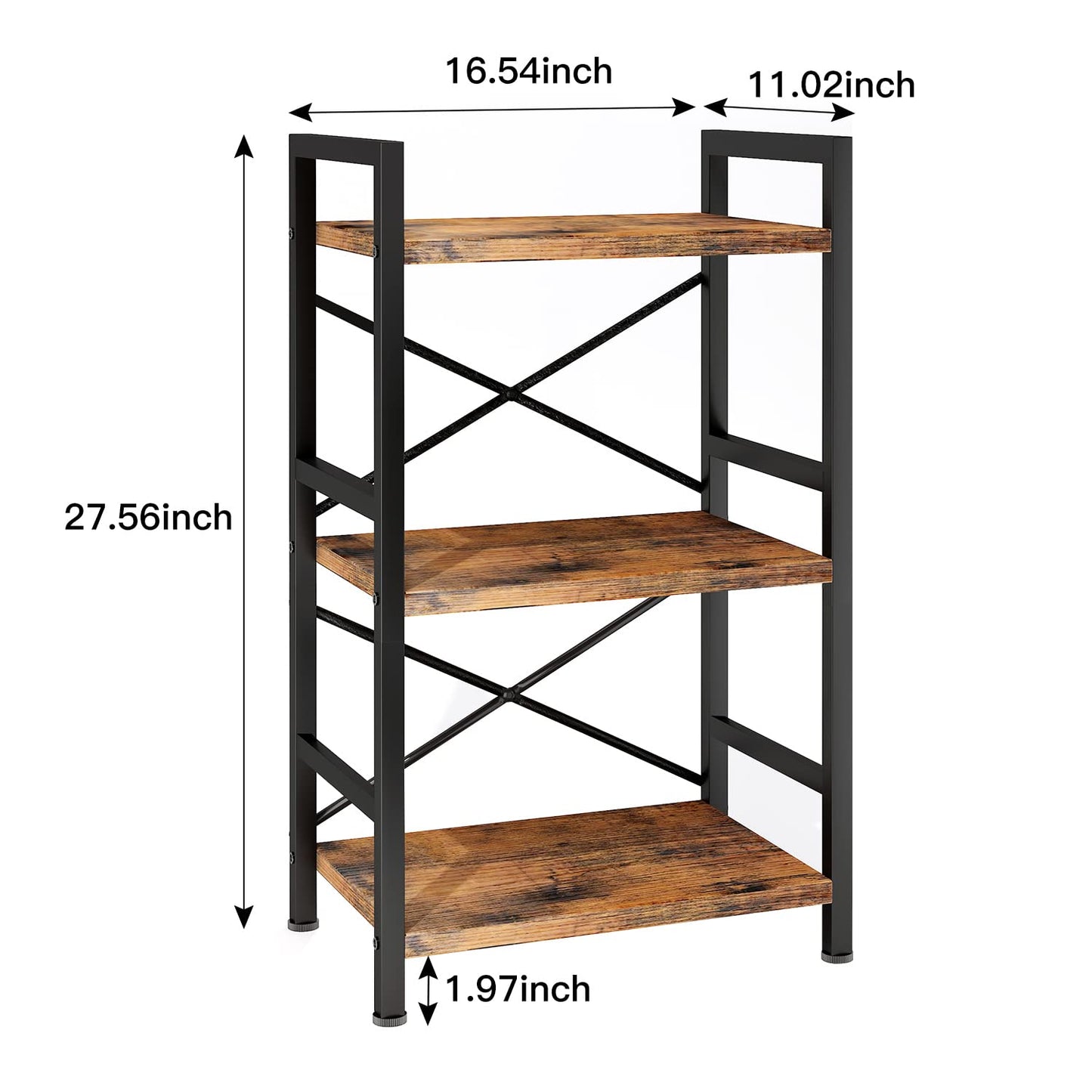 Bookshelf, 3 Tier Industrial Bookcase, Metal Small Bookcase, Rustic Etagere Book Shelf Storage Organizer for Living Room, Bedroom, and Home Office(Rustic Brown)
