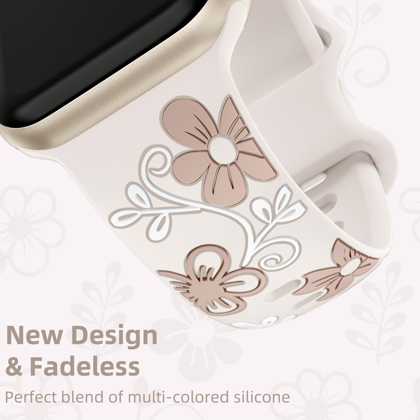Witzon Floral Band Compatible with Apple Watch Bands For Women 41mm 40mm 38mm 42mm 44mm 45mm 46mm 49mm, Engraved Cute Flower Soft Silicone Inlay Strap for iWatch Series 10 9 8 7 6 5 4 3 2 1 SE Ultra