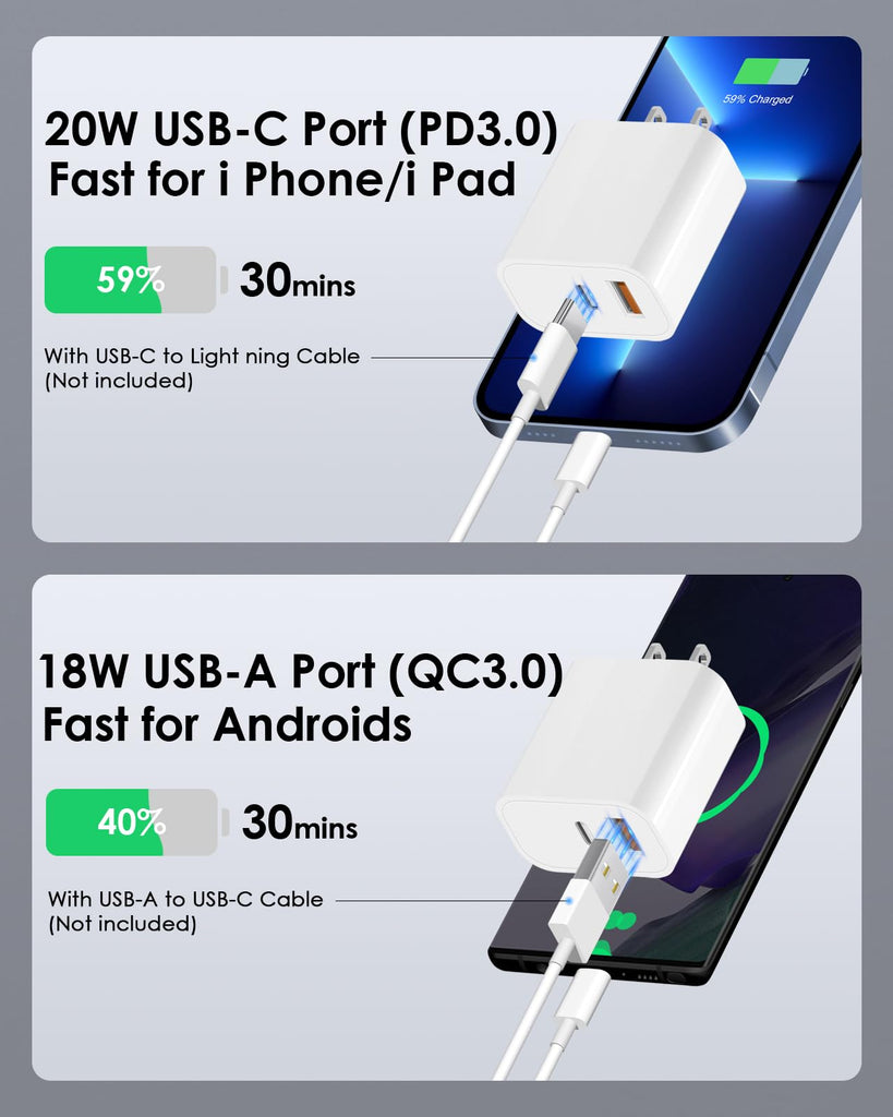 [4 Pack] USB C Charger Block Fast Charging Multiport Adpater [PD 20W USB-C & QC 3.0 USB-A Port] for IP 16/15/14/13/12/11/X/8, i Pad, Sam Sung, Google, Galaxy & More