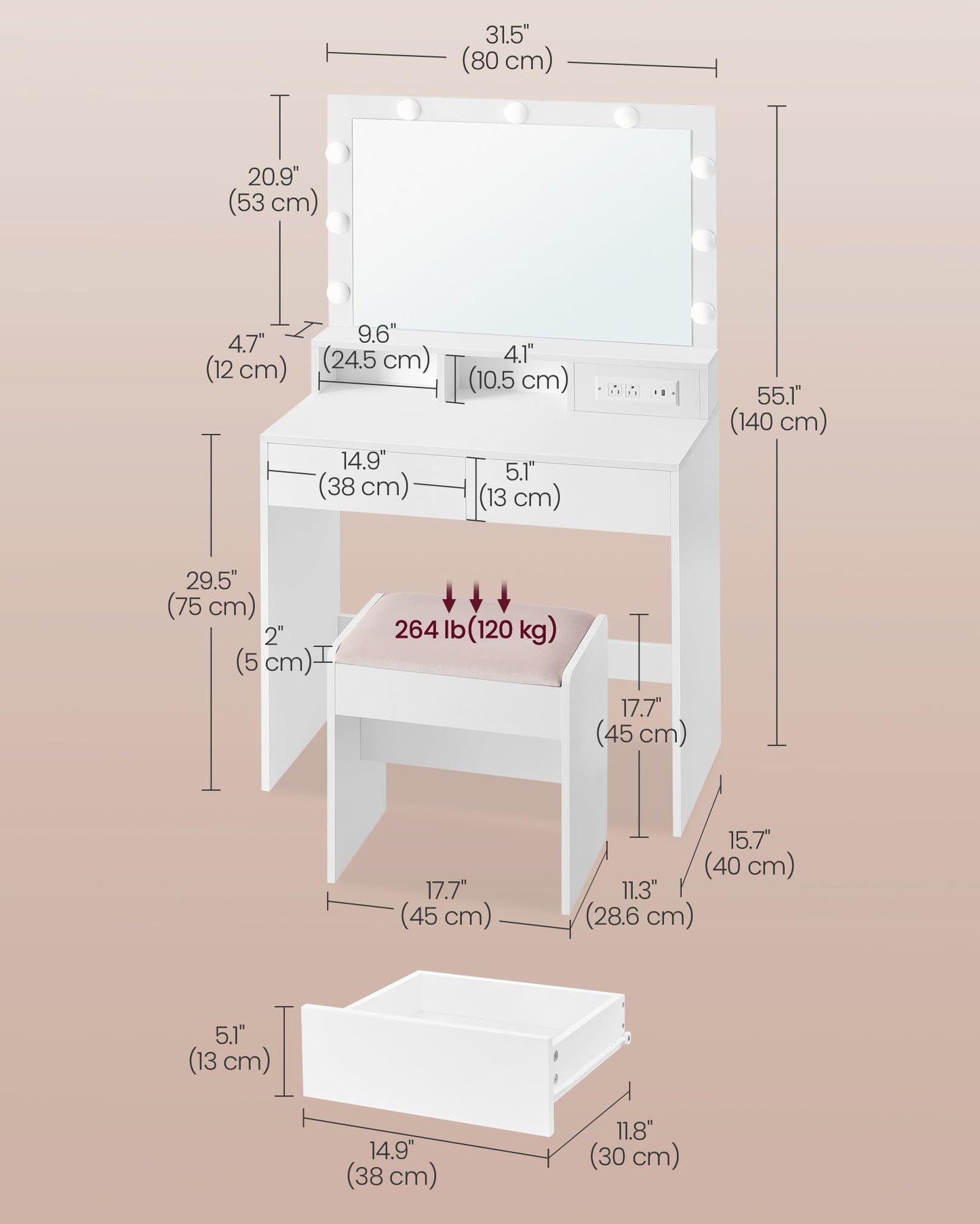 Vanity Desk with Power Outlets, Makeup Vanity with Mirror and Lights, with Upholstered Vanity Stool, 9 Dimmable LED Lights, 2 Compartments, 2 Drawers, for Bedroom, Cloud White URDT029W01