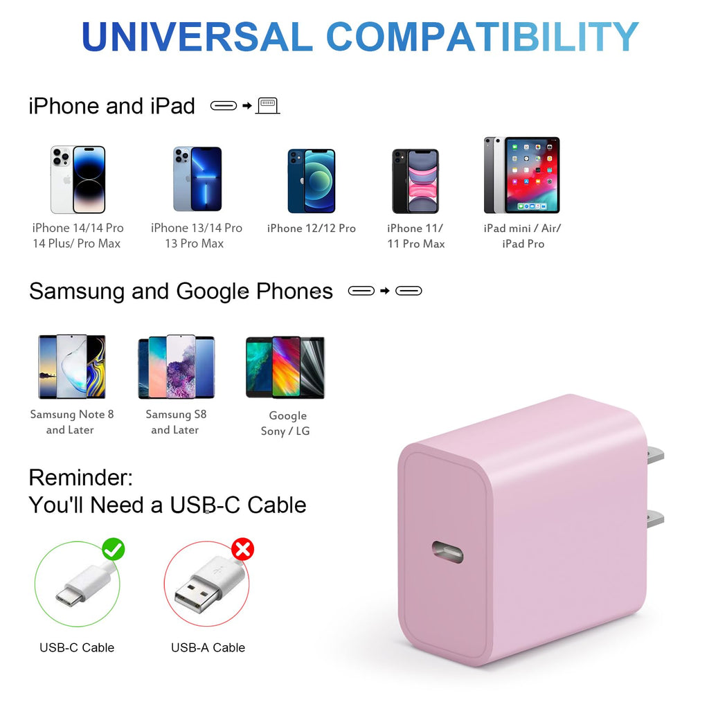 iPhone Charger Fast Charging 10FT 20W USB C Charger Block Super Fast Charger Cable Compatible with iPhone14/14 Pro Max/13/13Pro/12/12 Pro/11,iPad(Pink