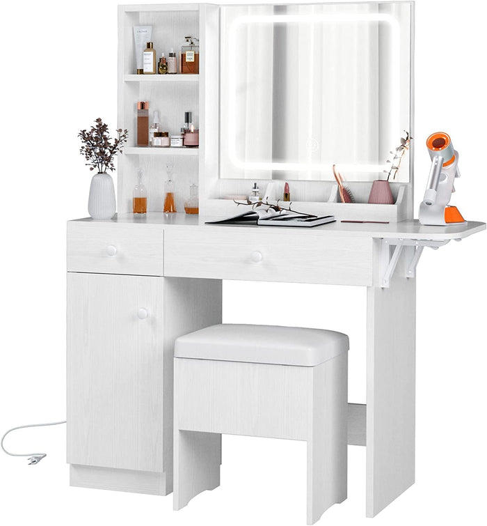 Vanity Desk with LED Lighted Mirror & Power Outlet, Makeup Table with Drawers & Cabinet,Storage Stool,for Bedroom, White