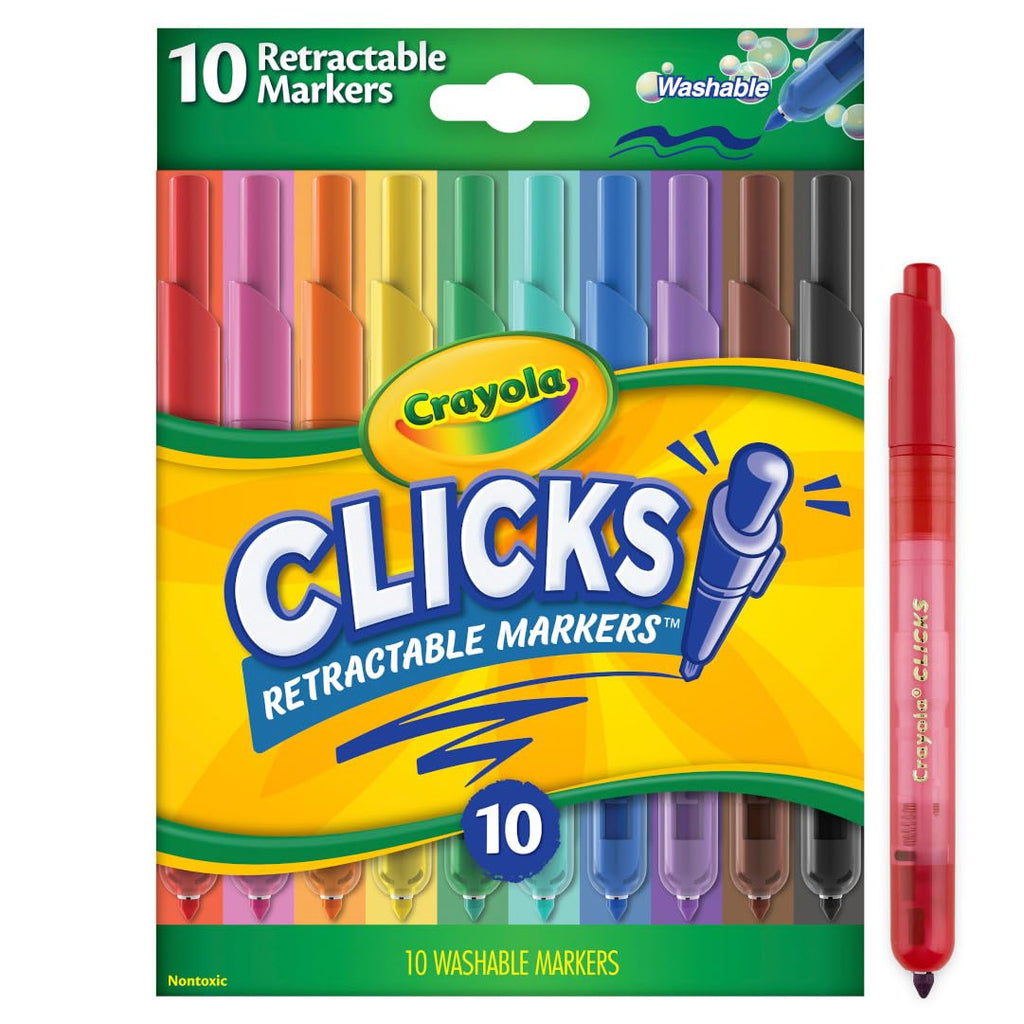 Crayola Clicks Retractable Tip Markers (10ct), Easter Basket Essentials, Cone Tip, Washable Art Marker Set for Kids, Long Lasting Coloring Supplies, 3+