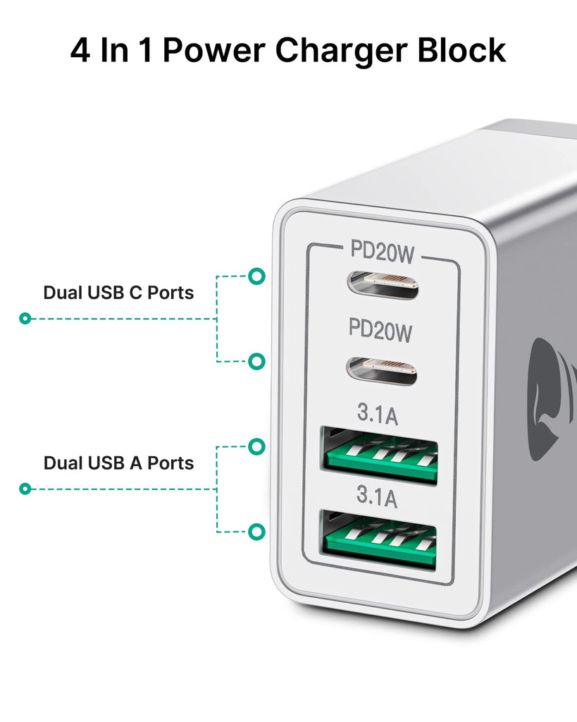 [2-Pack] USB C Wall Charger, 40W Fast USB C Charger Block, 4-Port PD Power Adapter + QC Wall Plug Multiport Type C Charging Block Cube Compatible with iPhone 15 14 13 12 11 Pro Max XR XS 8 7, Samsung