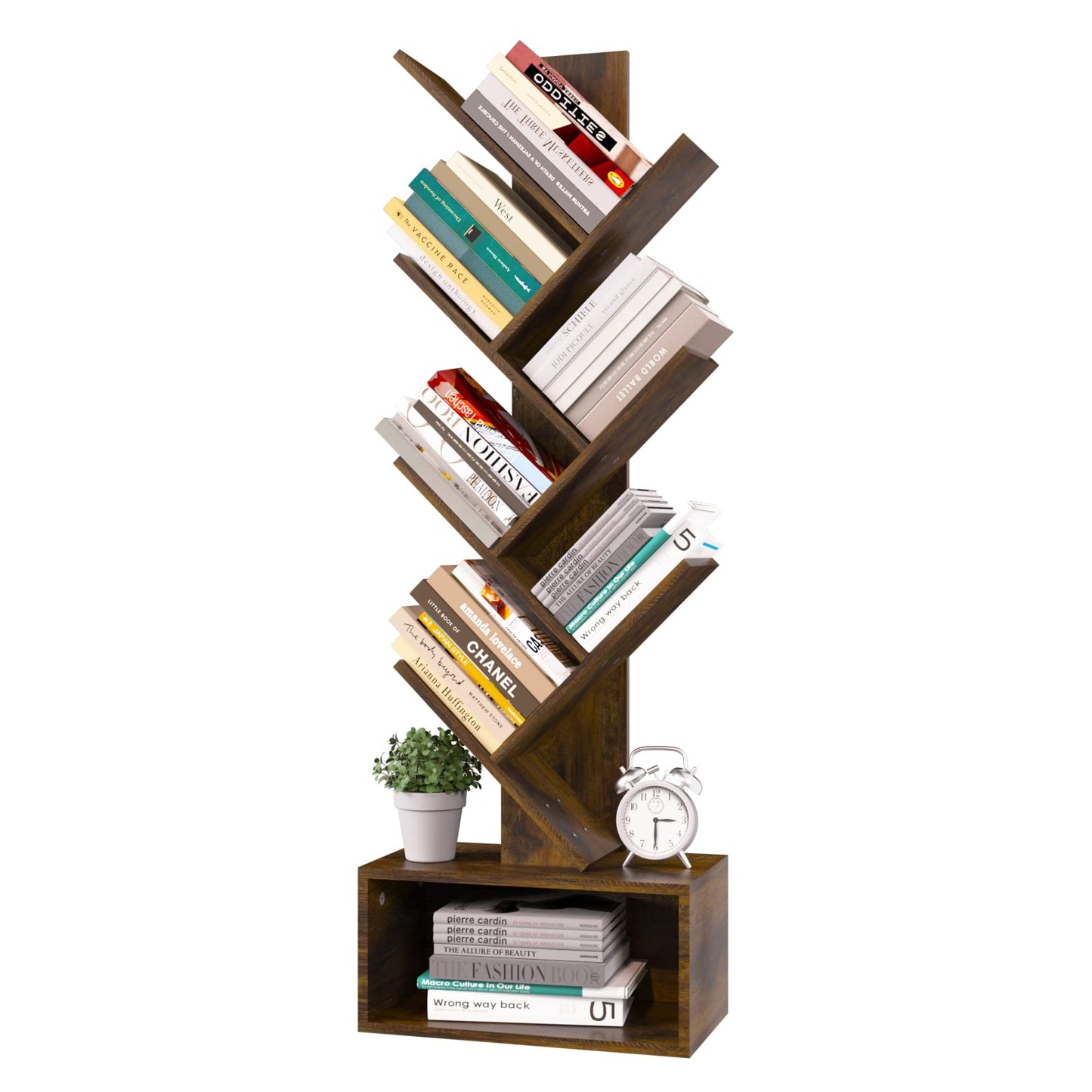 Tree Bookshelf - 6 Shelf Retro Floor Standing Bookcase, Tall Wood Book Storage Rack for CDs/Movies/Books, Utility Book Organizer Shelves for Bedroom, Living Room, Home Office