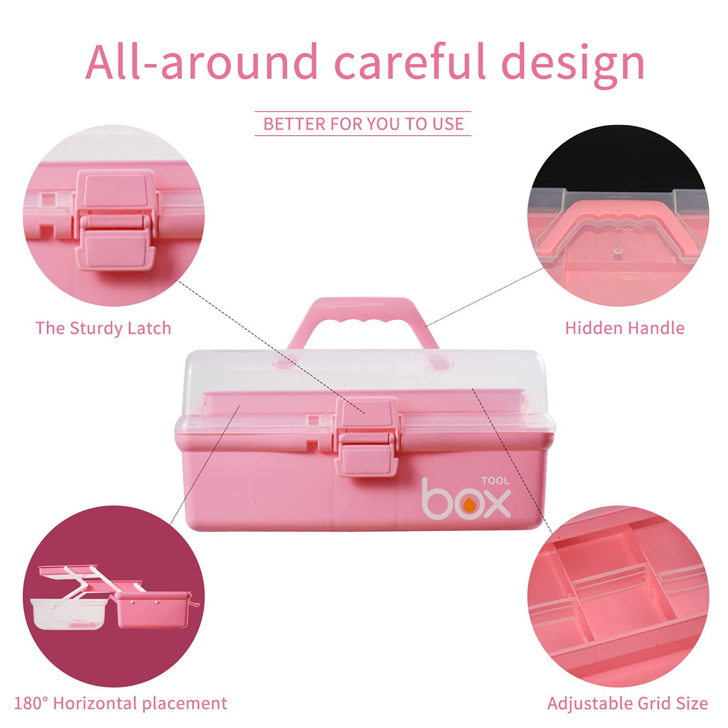 12in Three-Layer Multipurpose Storage Box, Folding Tool Box/Art & Crafts Case/Sewing Supplies Organizer/Medicine Box/Family First Aid Box with 2 Trays (Pink)