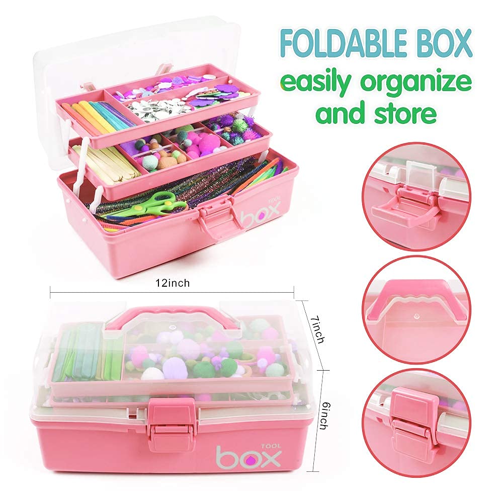 12in Three-Layer Multipurpose Storage Box, Folding Tool Box/Art & Crafts Case/Sewing Supplies Organizer/Medicine Box/Family First Aid Box with 2 Trays (Pink)