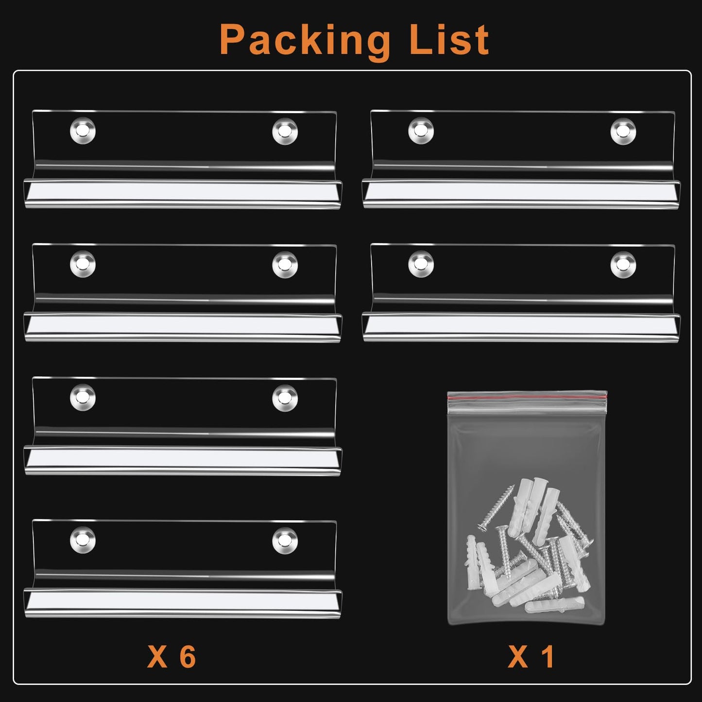 6 Pack Clear Vinyl Record Shelf Wall Mount Acrylic Album Record Holder Vinyl Album Display Invisible Record Storage Hanger CD Shelf Floating Wall Shelf for Home Office