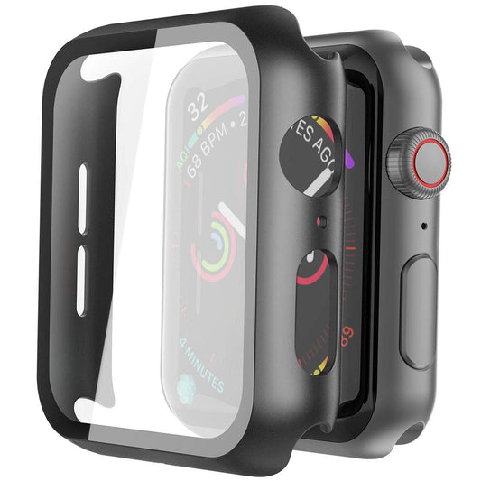 2 Pack Hard PC Case with Tempered Glass Screen Protector Compatible with Apple Watch SE 2 (2024) SE Series 6 Series 5 Series 4 44mm, Black