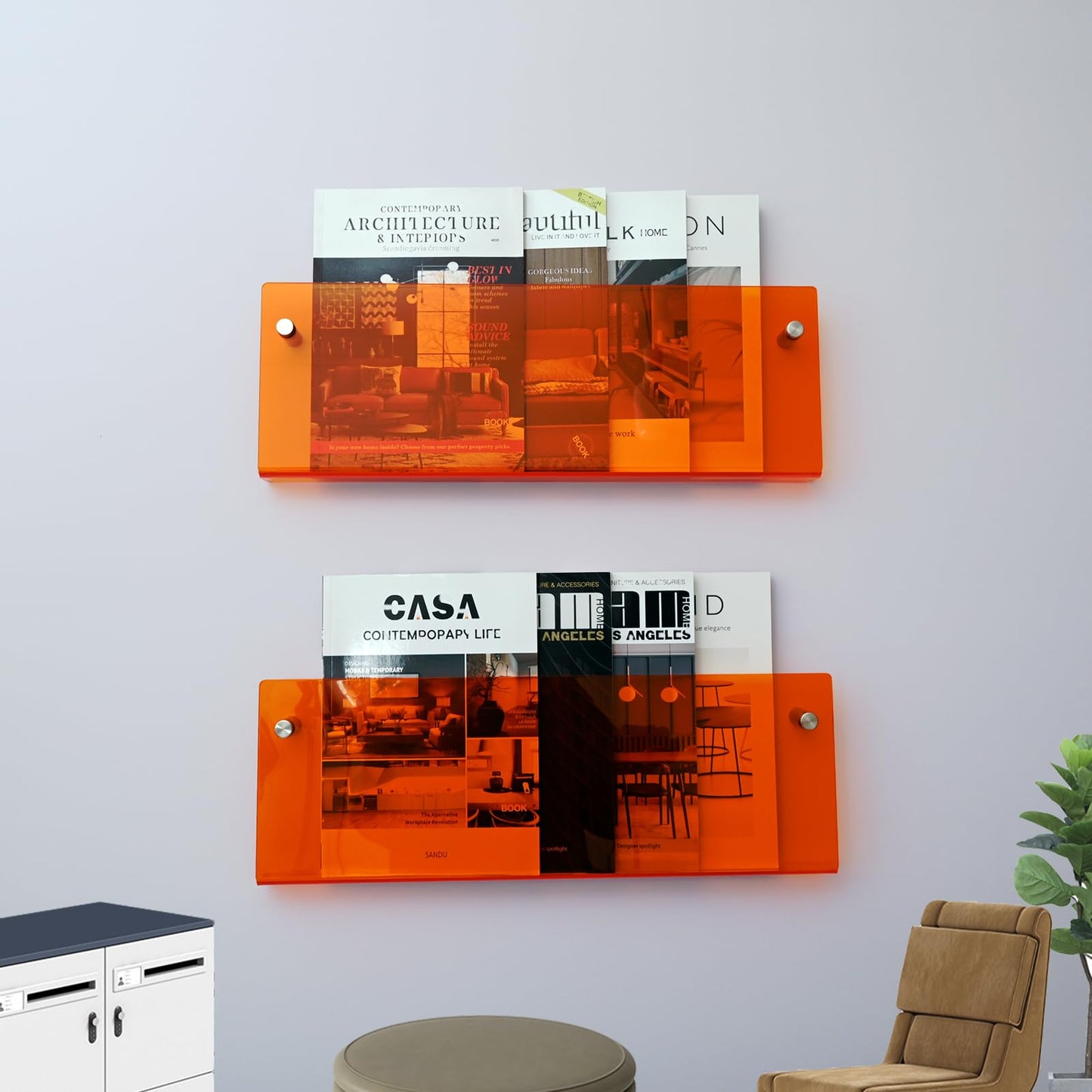 2 Pack Orange Acrylic Magazine Holder, Wall Mount Hanging Bookshelf Literature Storage Rack, Brochure File Display Shelf for Waiting Room, Living Room, Office, Home