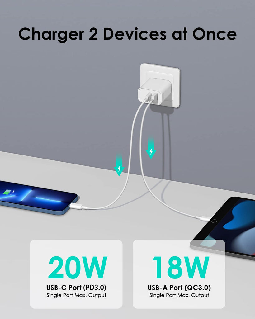 [4 Pack] USB C Charger Block Fast Charging Multiport Adpater [PD 20W USB-C & QC 3.0 USB-A Port] for IP 16/15/14/13/12/11/X/8, i Pad, Sam Sung, Google, Galaxy & More