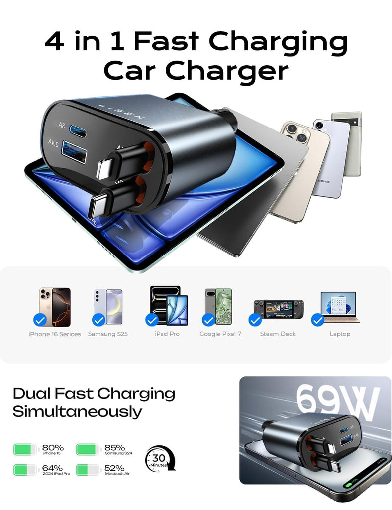 Retractable Car Charger [69W USB C Car Accessories Adapter ] for iPhone 16 USB C Charger Fast Charging, Travel Essentials Gifts for Women Men, Road Trip Essentials for iPhone 16e 16 15 14 13 12