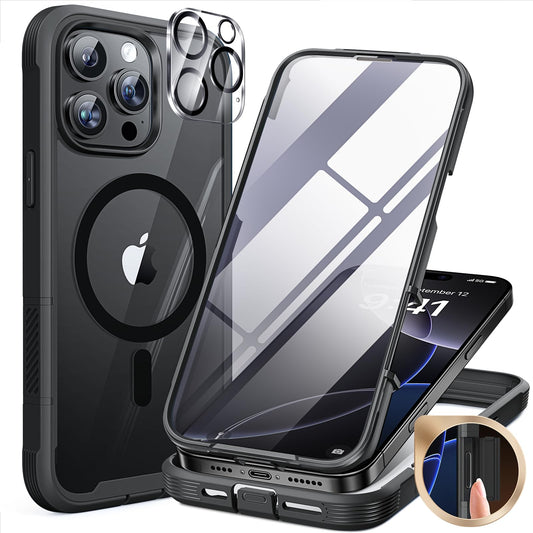 Magnetic for iPhone 16 Pro Case Full-Body Phone with Built-in Glass Screen Protector, [Compatible with MagSafe] Military Drop Proof 16 Pro Cover Bumper 6.3 inch, Black