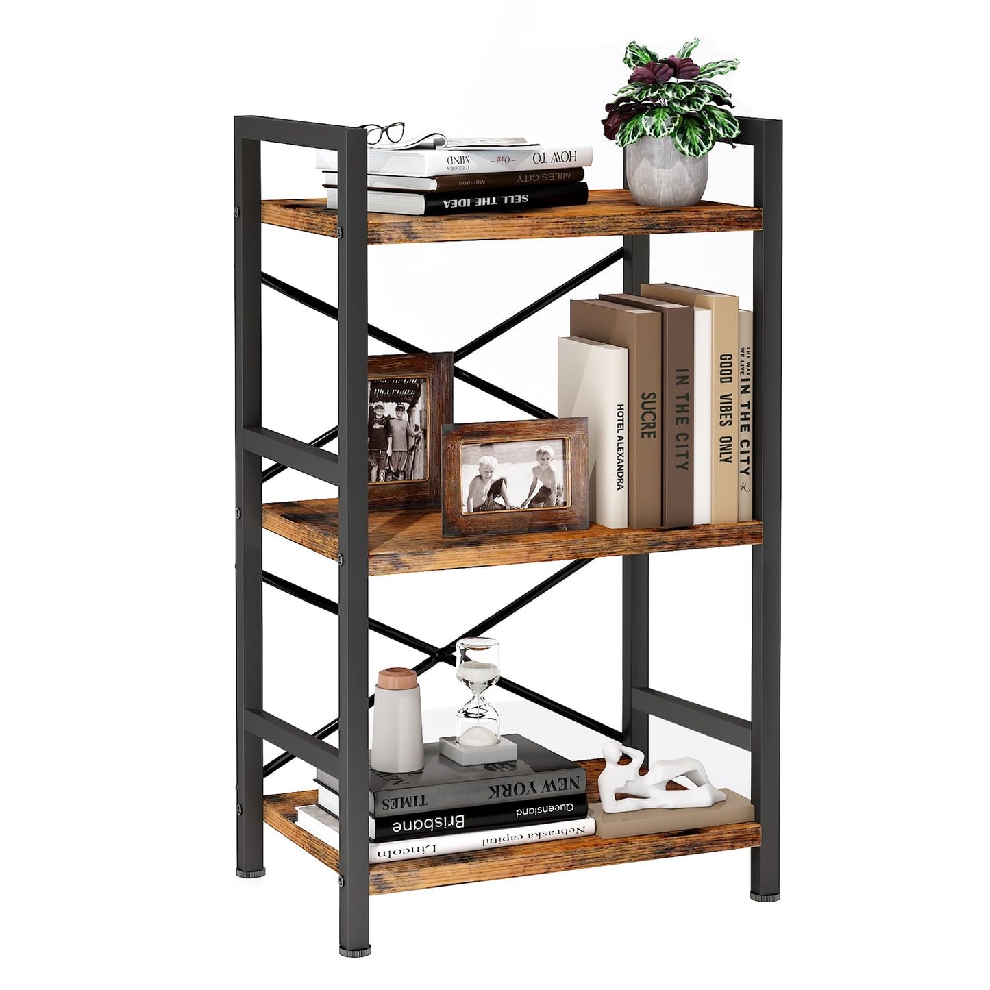 Bookshelf, 3 Tier Industrial Bookcase, Metal Small Bookcase, Rustic Etagere Book Shelf Storage Organizer for Living Room, Bedroom, and Home Office(Rustic Brown)