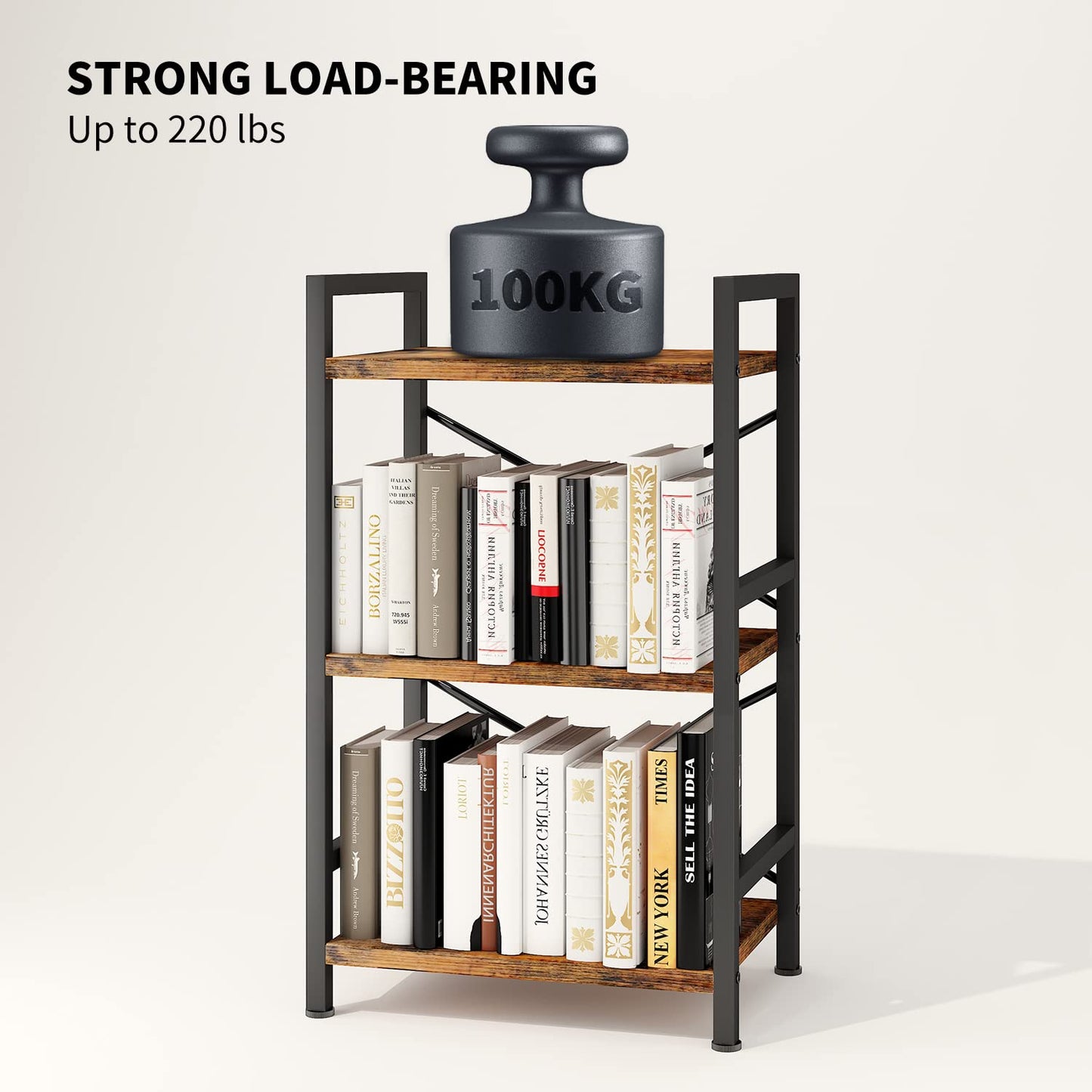 Bookshelf, 3 Tier Industrial Bookcase, Metal Small Bookcase, Rustic Etagere Book Shelf Storage Organizer for Living Room, Bedroom, and Home Office(Rustic Brown)