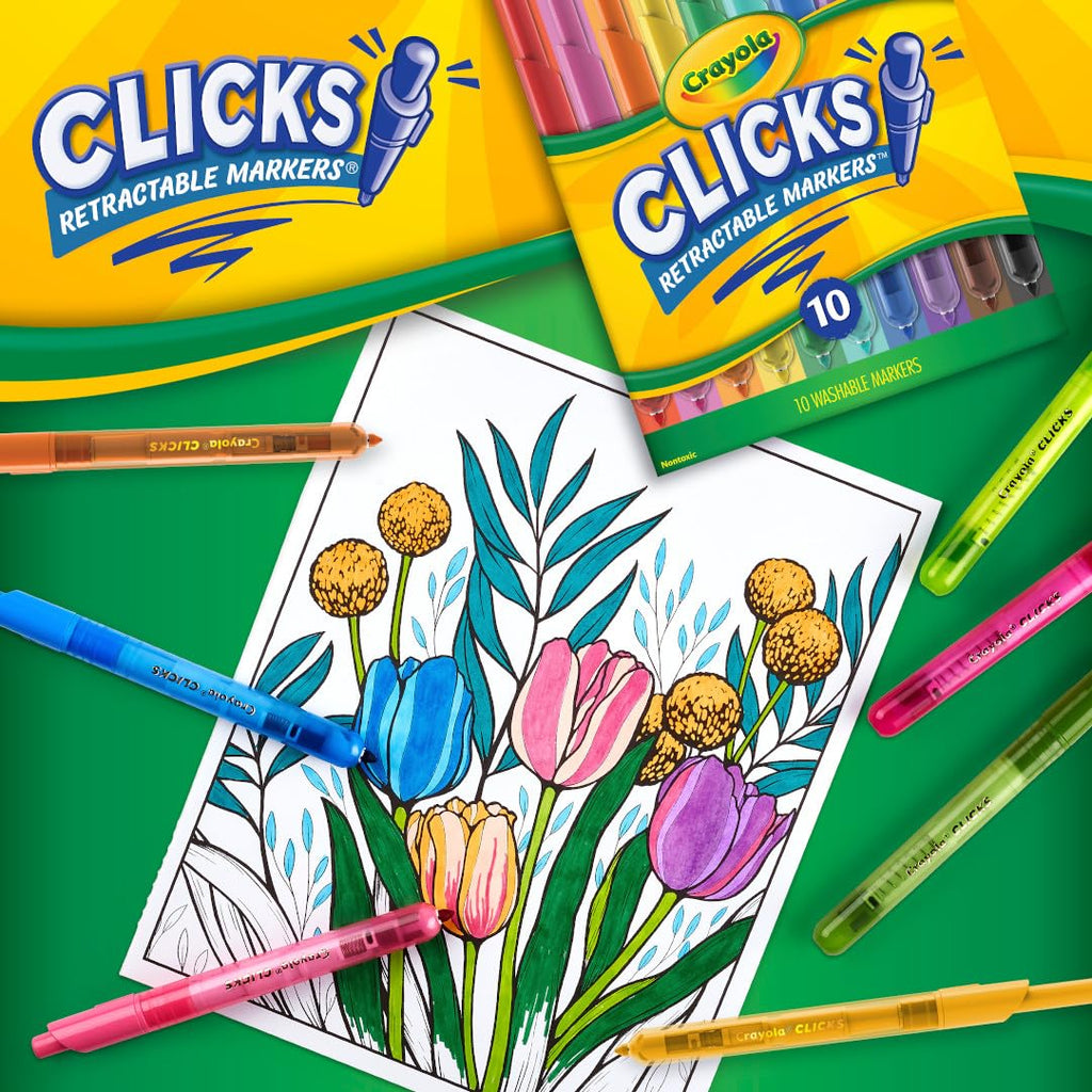 Crayola Clicks Retractable Tip Markers (10ct), Easter Basket Essentials, Cone Tip, Washable Art Marker Set for Kids, Long Lasting Coloring Supplies, 3+