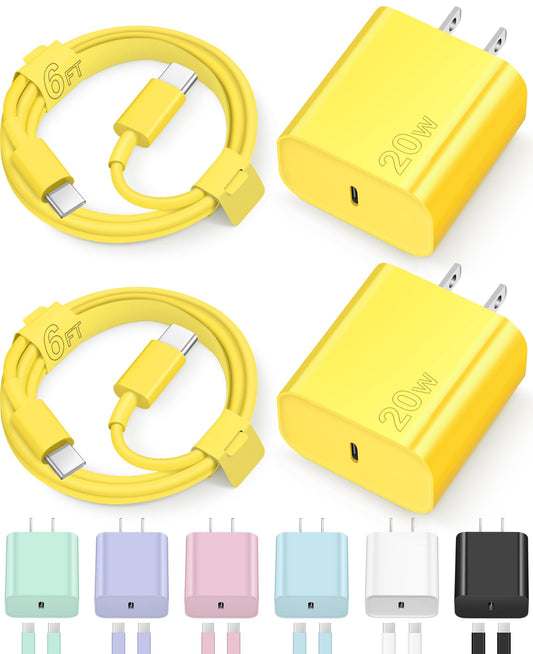 iPhone 15 Charger USB C Wall Charger iPad Pro Charger Block 2 Pack with 2 Pack 6FT Cable for iPhone 15/15 Plus/15 Pro/15 Pro Max/iPad Pro/Mini/Air/Air4/AirPods/Samsung(Yellow), CA-43T
